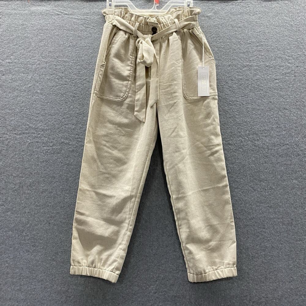 Sienna Sky Pants Womens Medium Wide Leg Linen Cotton High Waist Belted Ivory